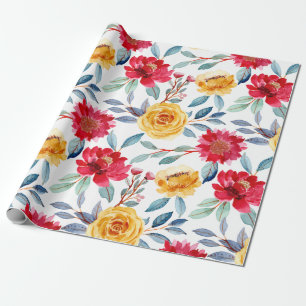 Fröhliches Wasserfarben-Blumenmuster in gelber Ros Geschenkpapier