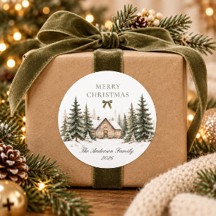 Fröhliches Weihnachten Cozy Winter Cottage Olive F Runder Aufkleber