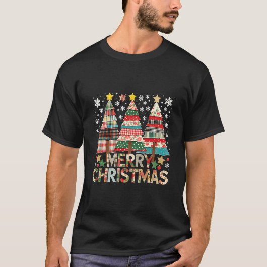 Fröhliches Weihnachten Patchwork Baum Rustikale We T-Shirt (Vorderseite)