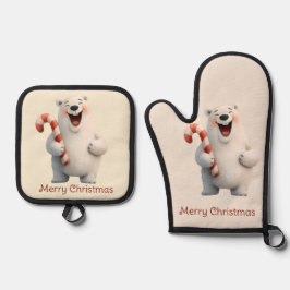 Fröhliches Weihnachten Süßes Eisbär-Design Ofenhandschuh & Topflappen-Set