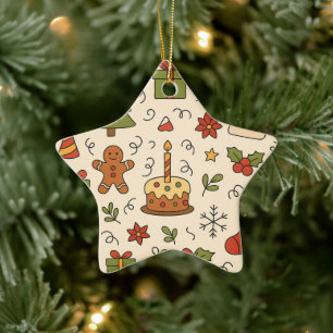 Fröhliches Weihnachts-Doodle-Muster Keramik Ornament