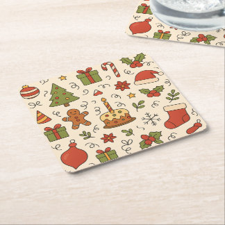 Fröhliches Weihnachts-Doodle-Muster Rechteckiger Pappuntersetzer