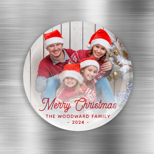 Fröhliches Weihnachtsfamilienfoto Roter Schriftzug Magnet