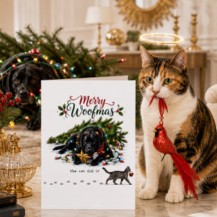 Fröhliches Woofmas-Hunde-Katzen-Weihnachtschaos Feiertagskarte