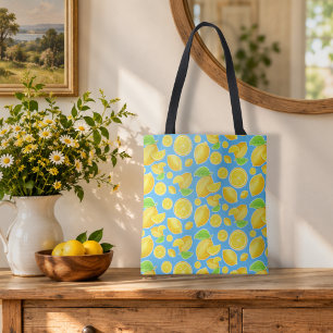 Fröhliches Zitronengelb und blaues Zitrusmuster Tasche