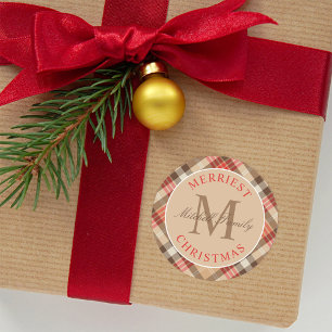 Fröhlichste Weihnachts-Tan-Tartan-Monogramm-Famili Runder Aufkleber