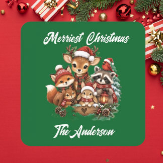 Fröhlichste Weihnachts-Waldtiere-Familie Quadratischer Aufkleber