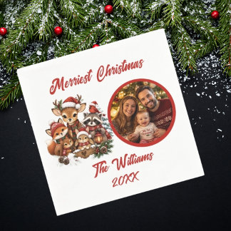 Fröhlichste Weihnachts-Waldtiere Familienfoto Serviette