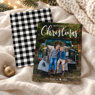 Fröhlichstes Weihnachts-Script Gingham Rückseite Feiertagskarte