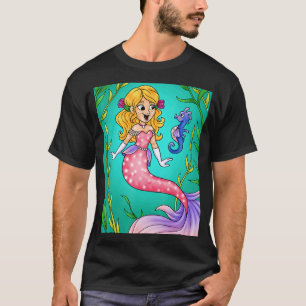 Frohsinnige blonde Meerjungfrau mit Seepferdchen T-Shirt