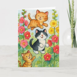 Frolende Landkatzen im Blumengarten Geburtstag Karte