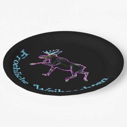 Froliche Weihnachten - Elektrische Elche Pappteller (Schrägansicht)