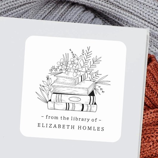 From the Library of Custom Name Books and Flower Quadratischer Aufkleber