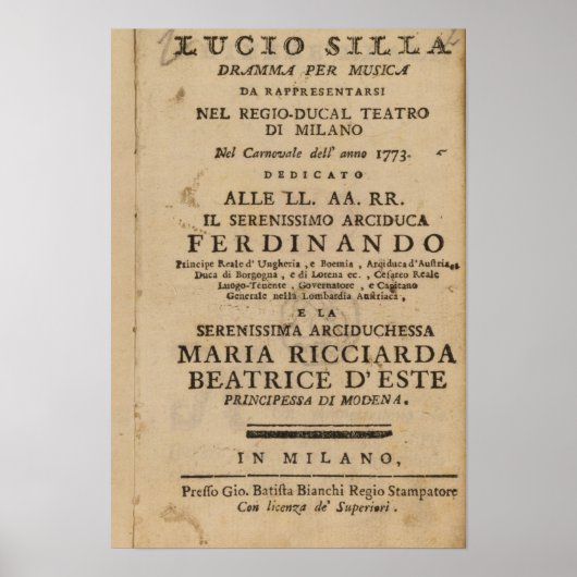 Frontispiece von Mozarts "Lucio Silla" Poster (Vorne)