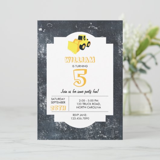 Frontladerbauwagen Geburtstag Einladung (Stehend Vorderseite)