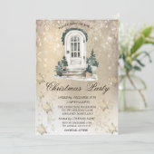 Fronttüren Pine Tree Snowflakes Gold Party Einladung (Stehend Vorderseite)