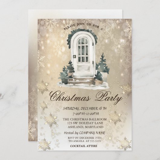 Fronttüren Pine Tree Snowflakes Gold Party Einladung (Vorne/Hinten)