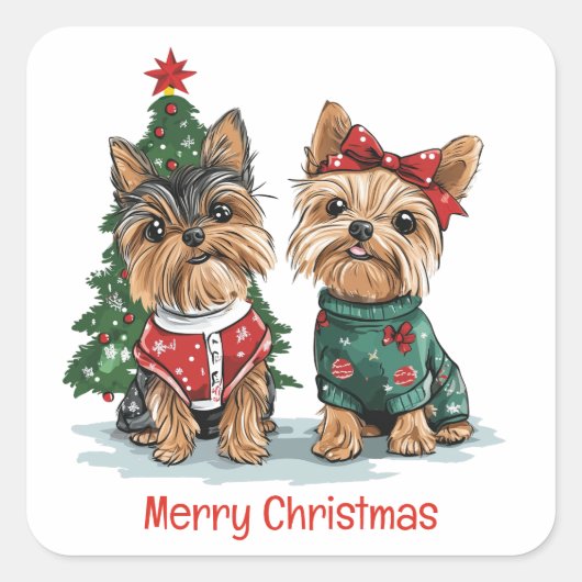 Frory Christmas Yorkie Dogs Quadratischer Aufkleber (Vorderseite)