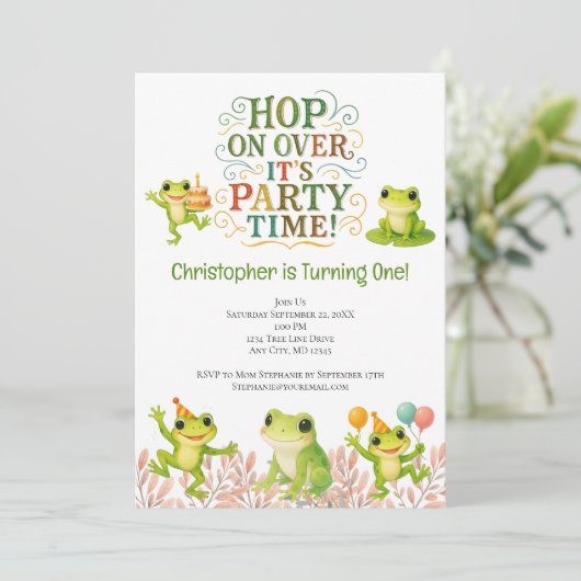 Frosch 1. Geburtstag Niedlich Trendy Einladung (Stehend Vorderseite)