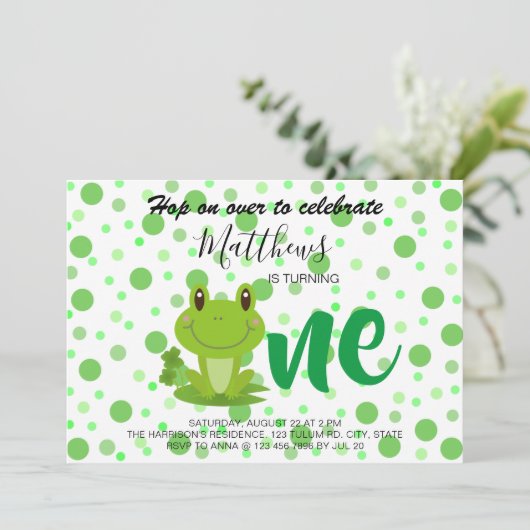 Frosch 1. Geburtstag Party dots Einladung (Stehend Vorderseite)