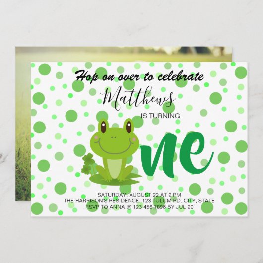 Frosch 1. Geburtstag Party dots Einladung (Vorne/Hinten)