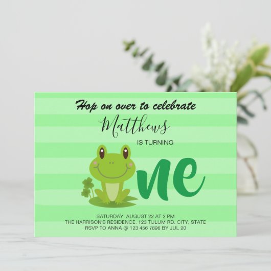 Frosch 1. Geburtstag Party Streifen Einladung (Stehend Vorderseite)