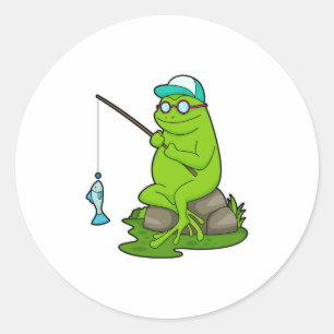 Frosch als Angler mit Angelrute und Fisch Runder Aufkleber