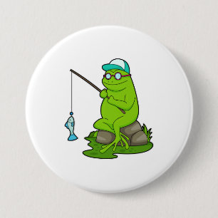 Frosch als Fisher mit Angelrute & Fisch Button