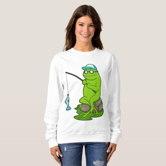 Frosch als Fisher mit Angelrute & Fisch Sweatshirt (Vorne ganz)