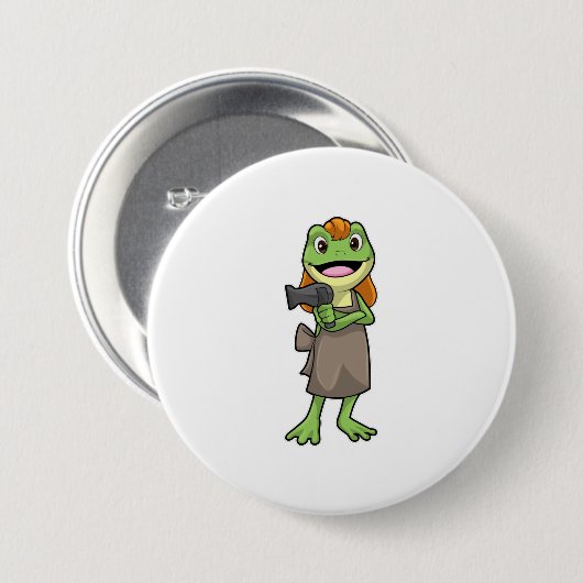 Frosch als Friseur mit Haartrockner Button (Vorne & Hinten)