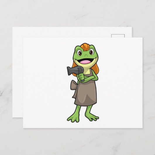 Frosch als Friseur mit Haartrockner Postkarte (Vorne/Hinten)