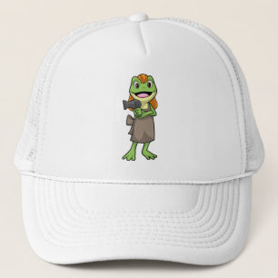 Frosch als Friseur mit Haartrockner Truckerkappe
