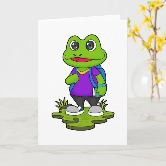Frosch als Hiker mit Rucksack Karte (Gelbe Blume)