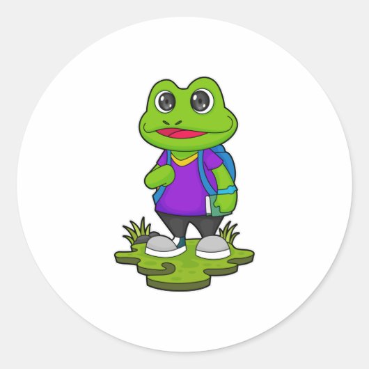 Frosch als Hiker mit Rucksack Runder Aufkleber (Vorderseite)
