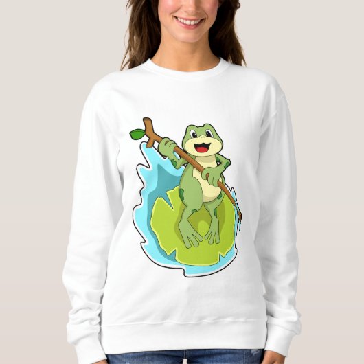 Frosch als Hiker mit Stick Sweatshirt (Vorderseite)