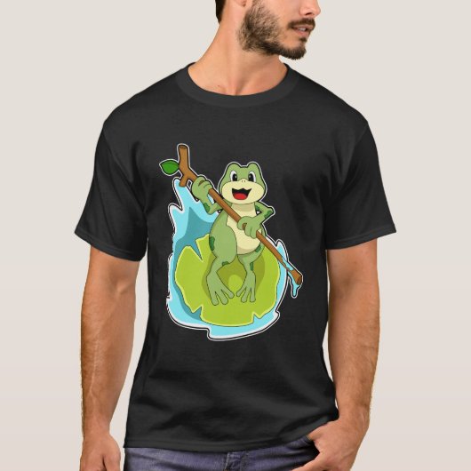 Frosch als Hiker mit Stick T-Shirt (Vorderseite)
