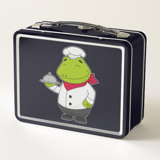 Frosch als Koch mit Platter Metall Brotdose (Rückseite)