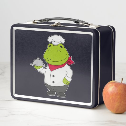 Frosch als Koch mit Platter Metall Brotdose (Beispiel)