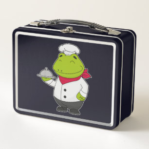 Frosch als Koch mit Platter Metall Brotdose