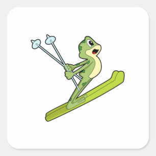 Frosch als Skijumper mit Ski.PNG Quadratischer Aufkleber