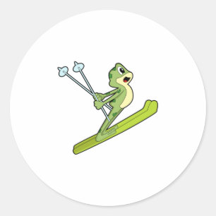 Frosch als Skijumper mit Ski.PNG Runder Aufkleber