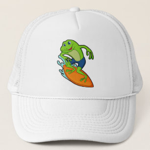 Frosch als Surfer mit Surfbrett Truckerkappe