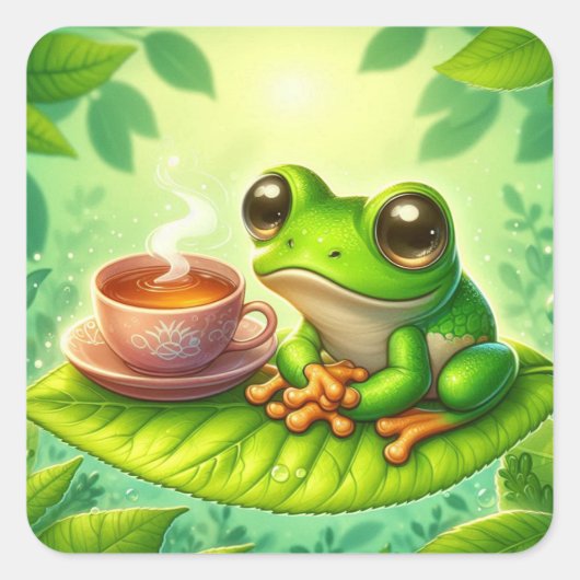 Frosch auf Blatt mit  Quadratischer Aufkleber (Vorderseite)