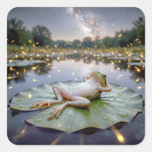 Frosch auf einem Seerosenblatt mit Glühwürmern Quadratischer Aufkleber