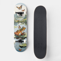 Frosch auf einer Lilienwand mit Schmetterlingen