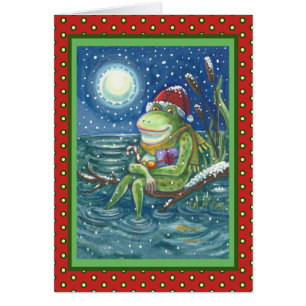 FROSCH AUF HOLZKLOTZ, KINDER-WEIHNACHTSKARTE Leer
