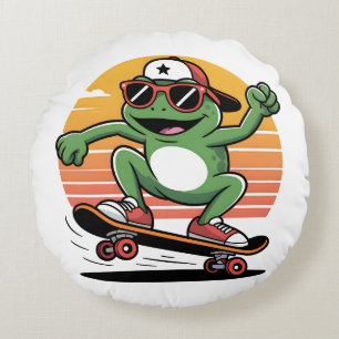 Frosch auf Skateboard Rundes Kissen