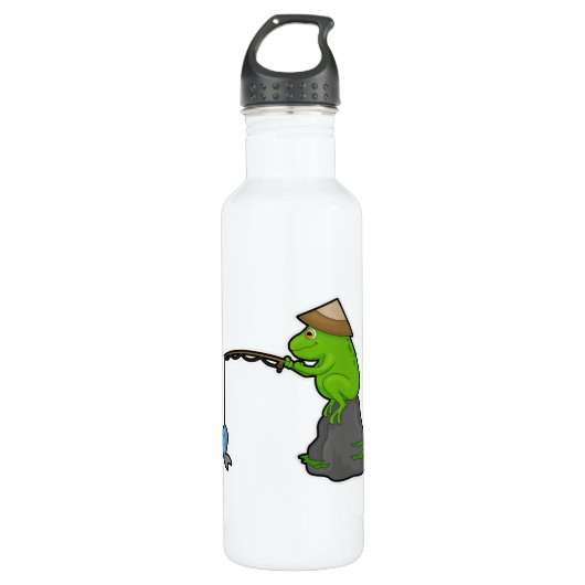Frosch auf Stein beim Angeln mit Angelrute & Fisch Edelstahlflasche (Vorderseite)