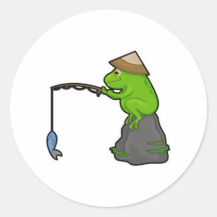 Frosch auf Stein beim Angeln mit Angelrute & Fisch Runder Aufkleber