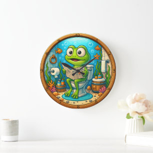 Frosch auf Toilette Funny Wood Looking Rahmen Große Wanduhr